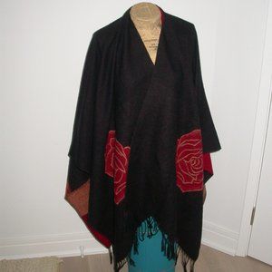 Warm Black and Red Fringed Poncho